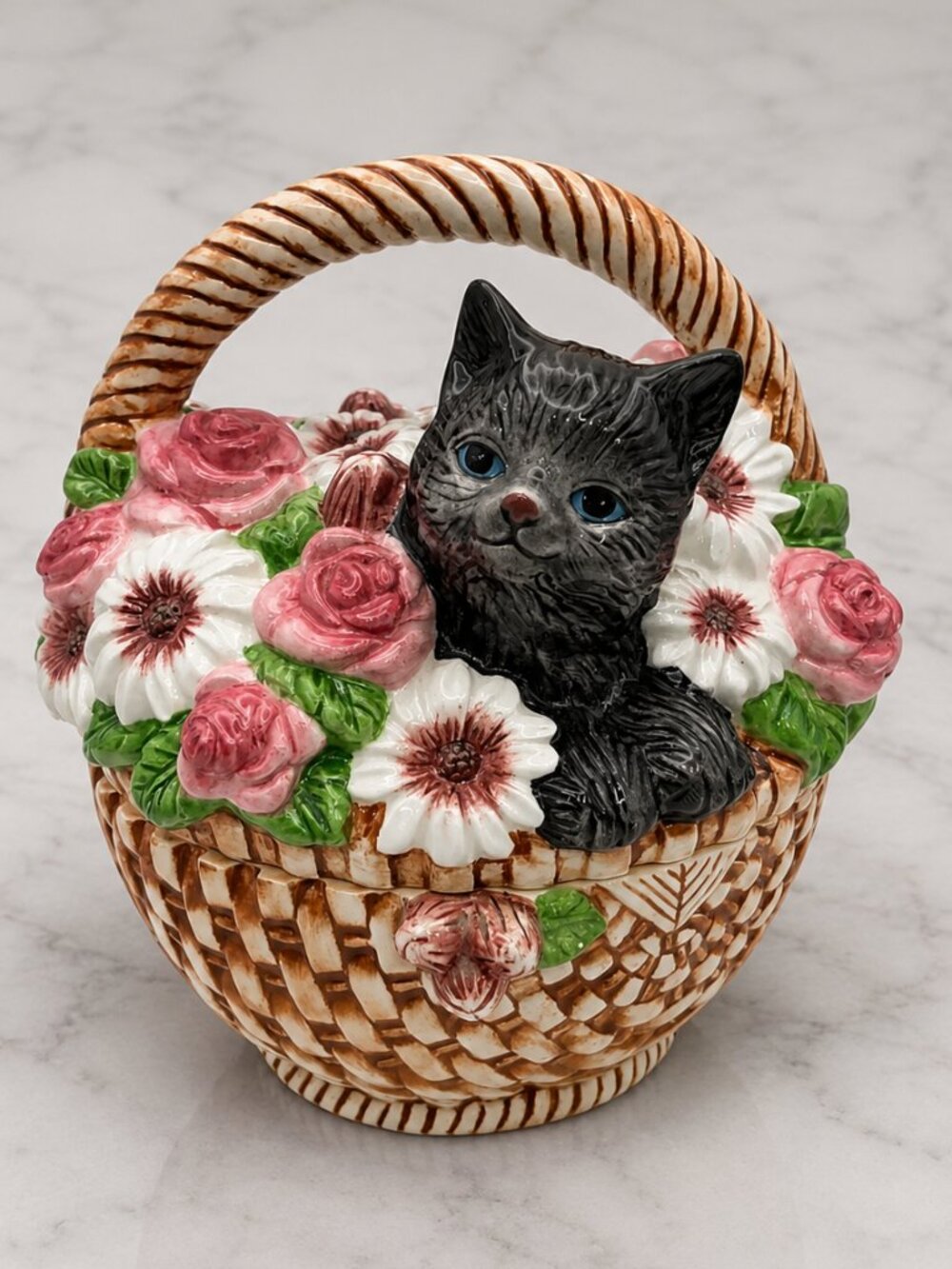 Vintage Cat Floral Basket Trinket Box Ceramic Kitten Roses Covered Dish 8.5”